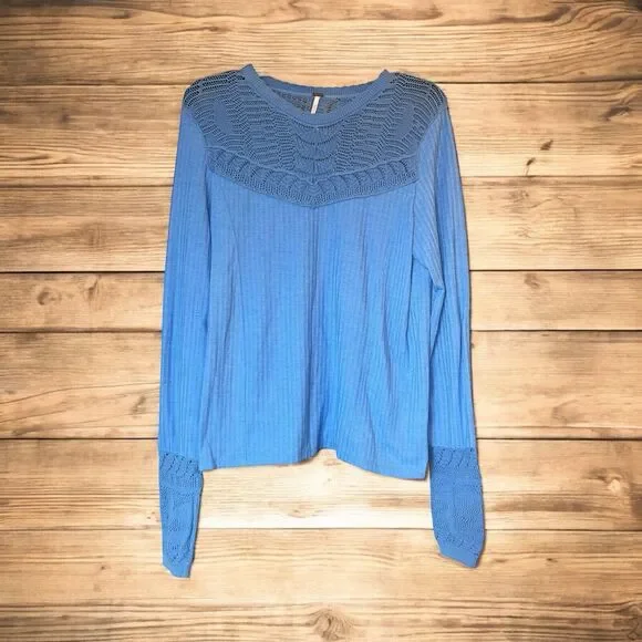 Free People M Colette Pointelle Crochet Sleeve Knit Pullover Top - Picture 1 of 6